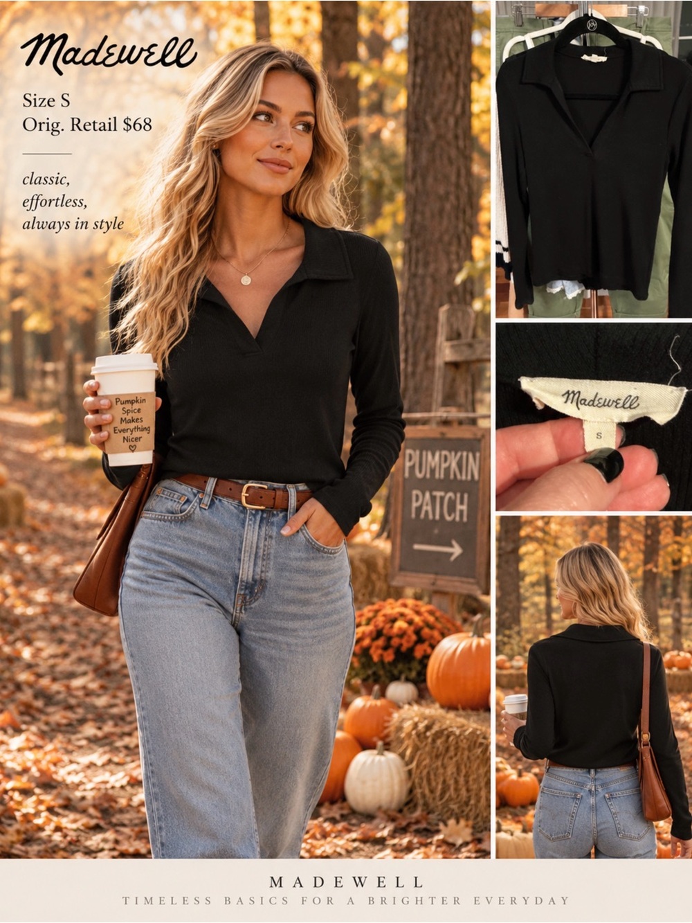 Madewell Black Long-Sleeve Polo Knit Top